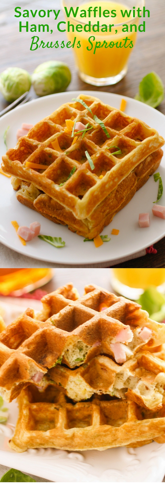 Savory waffles with ham, cheddar, and Brussels sprouts aren't your regular waffles! They're so fun to serve for any meal!