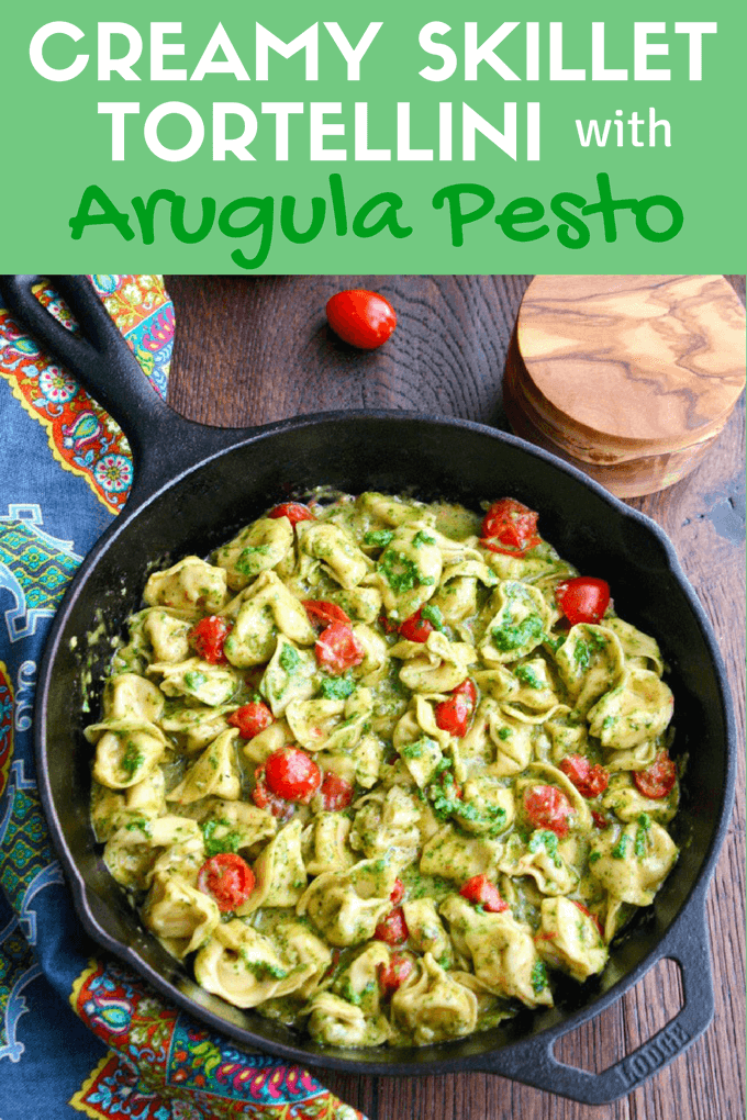 Creamy Skillet Tortellini with Arugula Pesto is a delightful dish! It's mealtess, flavorfull, and easy to make!
