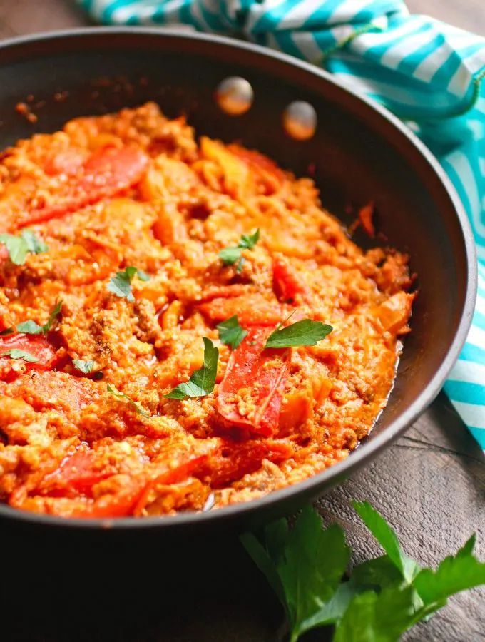 Leftover Breakfast Scramble with Tomato Sauce and Peppers is a great morning meal!