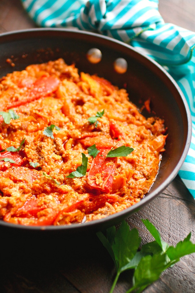 Leftover Breakfast Scramble with Tomato Sauce and Peppers is a great morning meal!