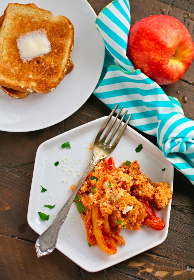 Need a quick meal for breakfast? Use whatcha got! Leftover Breakfast Scramble with Tomato Sauce and Peppers are amazing!