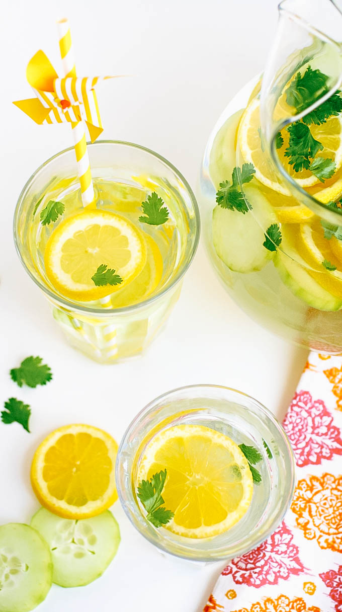 Enjoy a glass (or two) or Lemon, Cucumber & Cilantro Infused Water!