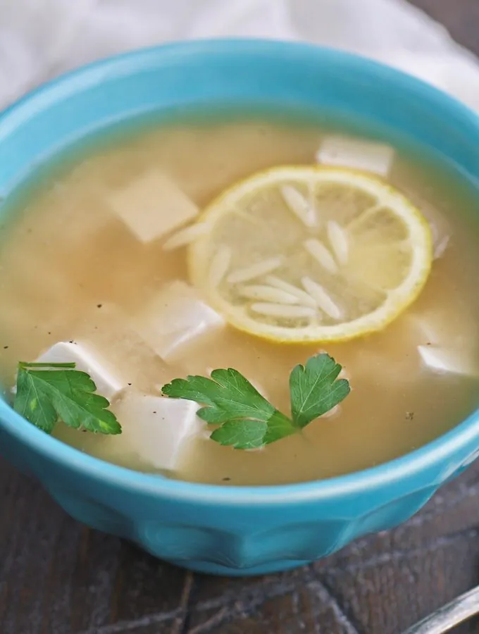 Lemon Orzo Tofu Soup is filling and easy to make. So delicious and bright!