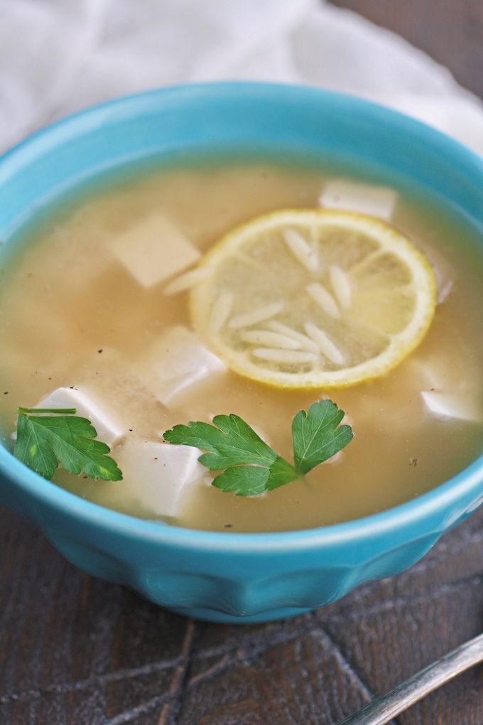 Lemon Orzo Tofu Soup is filling and easy to make. So delicious and bright!