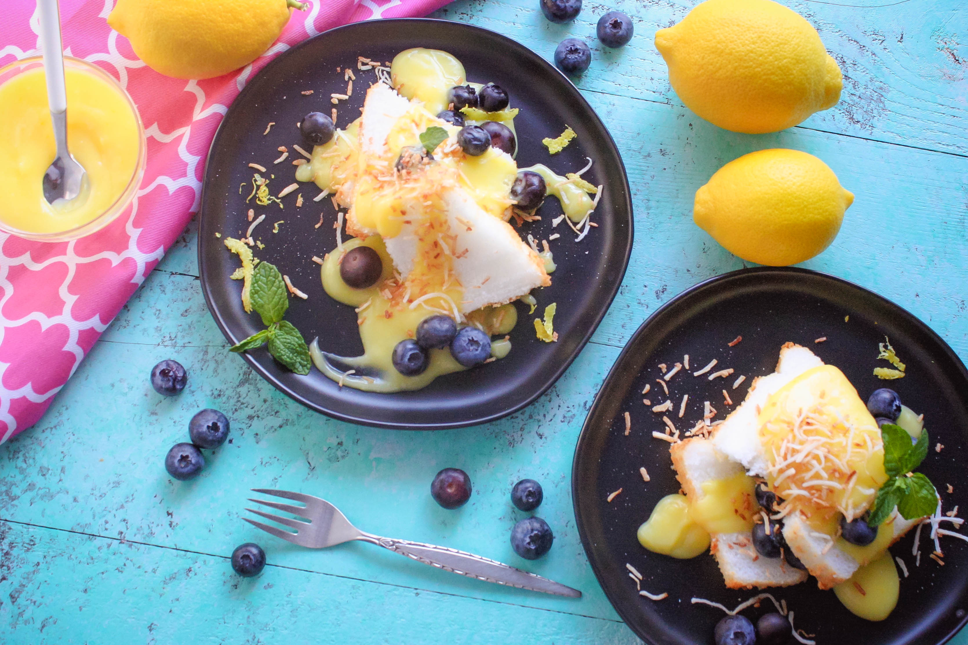 Lemon Curd Layered with Angel Food Cake and Blueberries makes a lovely treat.