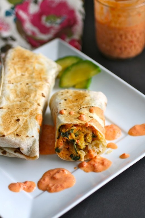 These vegetarian Lentil & Kale Burritos with Roasted Red Pepper Sauce are easy to make