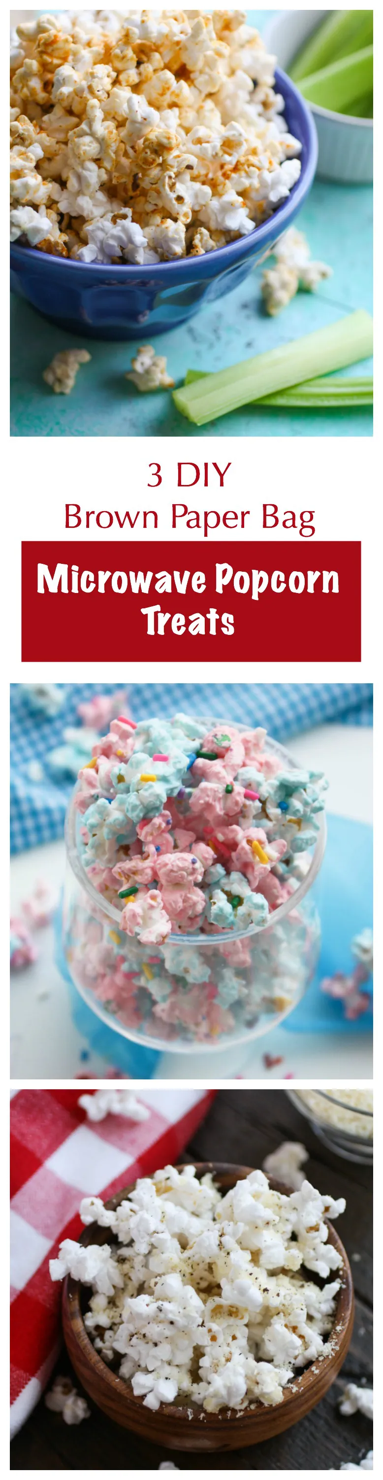 3 DIY Brown Paper Bag Microwave Popcorn Treats offer something for everyone! You'll love the options: sweet, salty, and spicy for fun sancking!