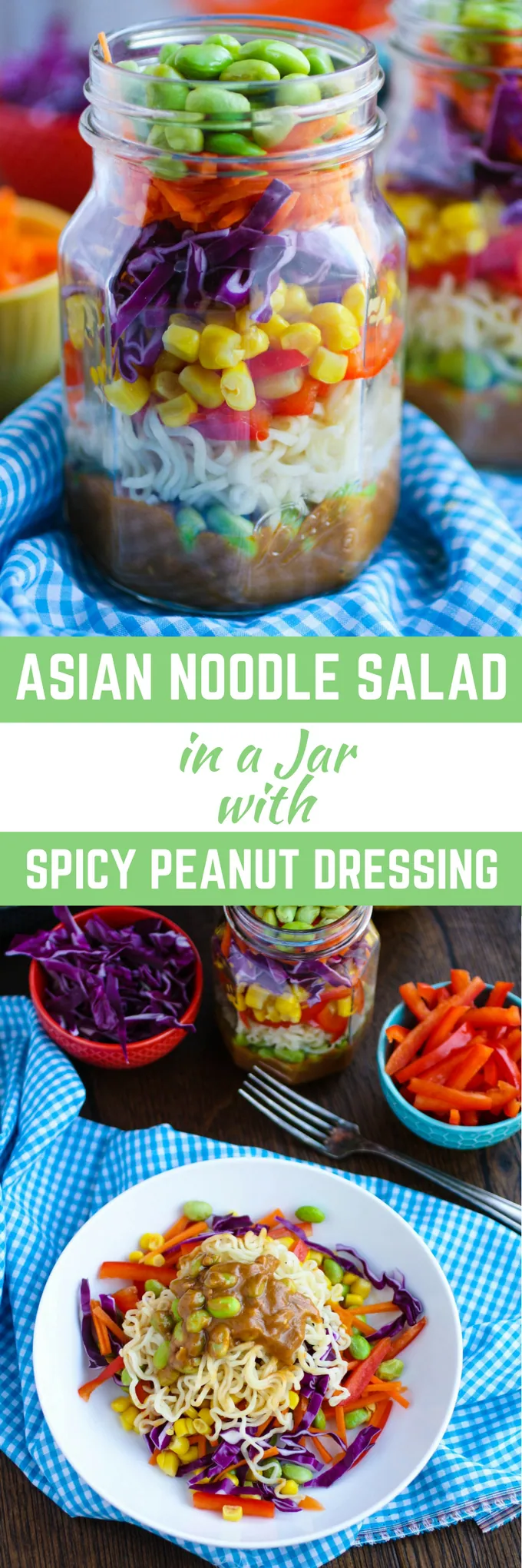 Asian Noodle Salad in a Jar with Spicy Peanut Dressing makes a great summer meal. You'll also love it as a take-to-work lunch. Super convenient, and delicious!