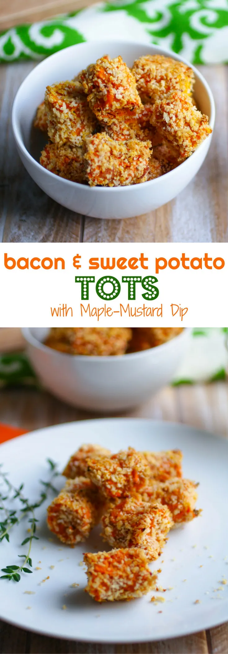 Bacon-Sweet Potato Tots with Maple Mustard Dip make a wonderful side dish, perfect for Thanksgiving! You'll love these tots as a side dish any night of the week!