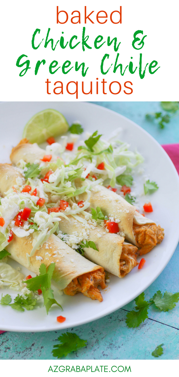 Baked Chicken and Green Chile Taquitos are a fun and flavorful snack or for a light meal. Baked Chicken and Green Chile Taquitos are a Mexican-inspired favorite and baked for good measure!