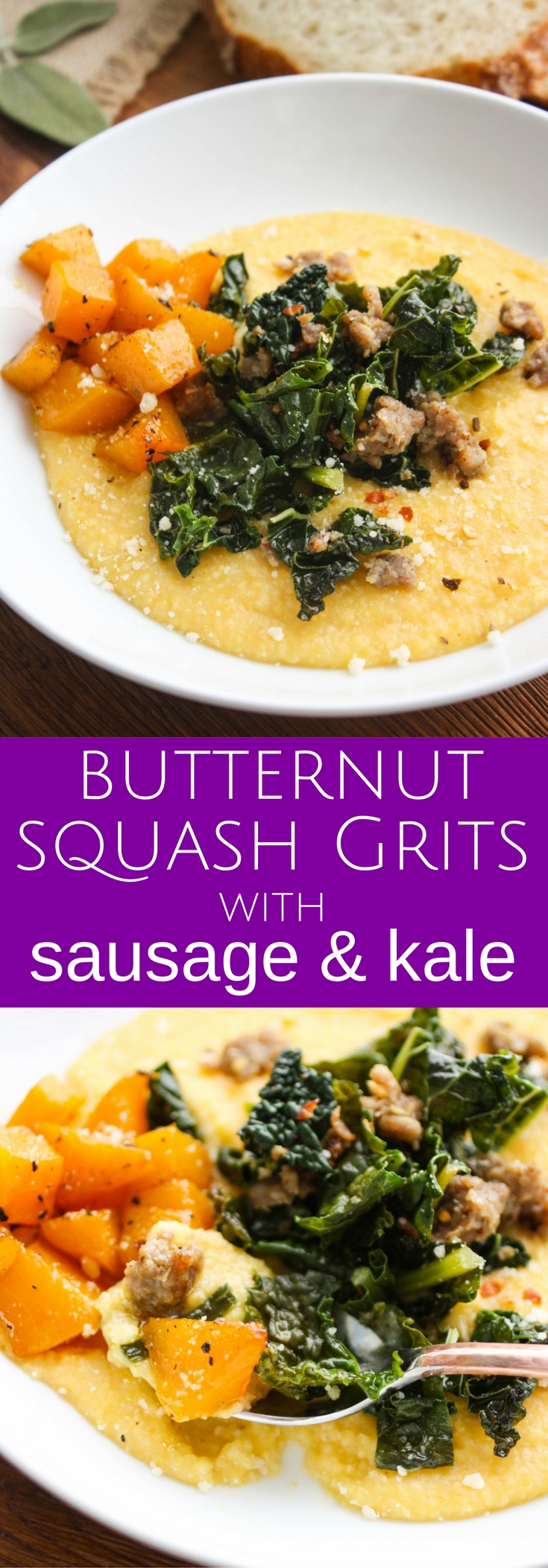 Butternut Squash Grits with Sausage and Kale is a hearty and flavorful dish on a chilly night. You'll love the ingredients in this grits dish!