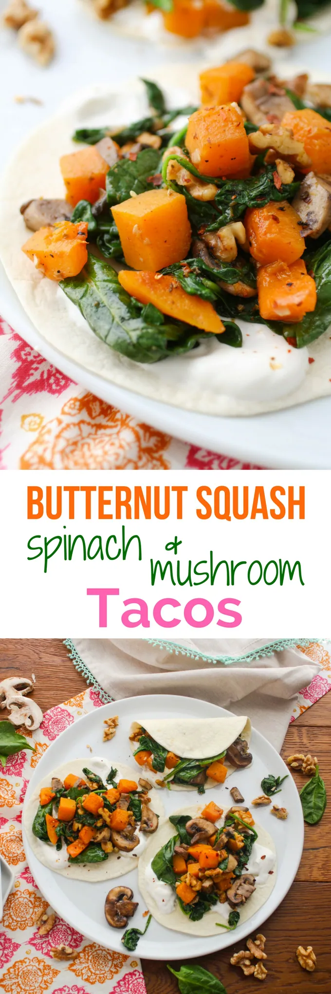 Butternut Squash, Spinach, and Mushroom Tacos are a seasonal take on tacos! You'll love this meatless version. 
