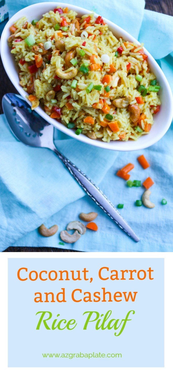 Coconut Carrot and Cashew Rice Pilaf is a flavorful and easy-to-make side dish perfect any night of the week. You'll love the flavors and colors in this rice pilaf!