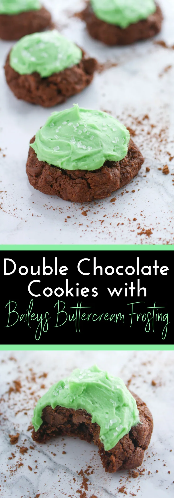 Double Chocolate Cookies with Baileys Buttercream Frosting are the perfect treats to help celebrate St. Patrick's Day! Enjoy these Double Chocolate Cookies with Baileys Buttercream Frosting any day of the year, but they're fun for St. Patrick's Day!