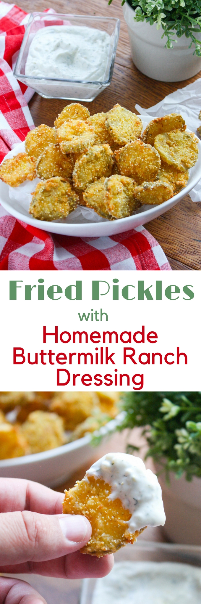 Fried Pickles with Homemade Buttermilk Ranch Dressing make a fun and delicious snack for any get together! You'll love these fried pickles dunked in a tasty dressing! 