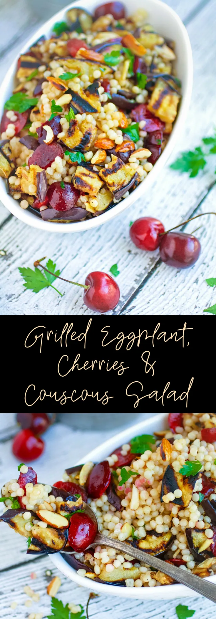 Grilled Eggplant, Cherries, and Couscous Salad is a lovely side dish for the summer season. Grilled Eggplant, Cherries, and Couscous Salad makes a tasty dish for the season. 