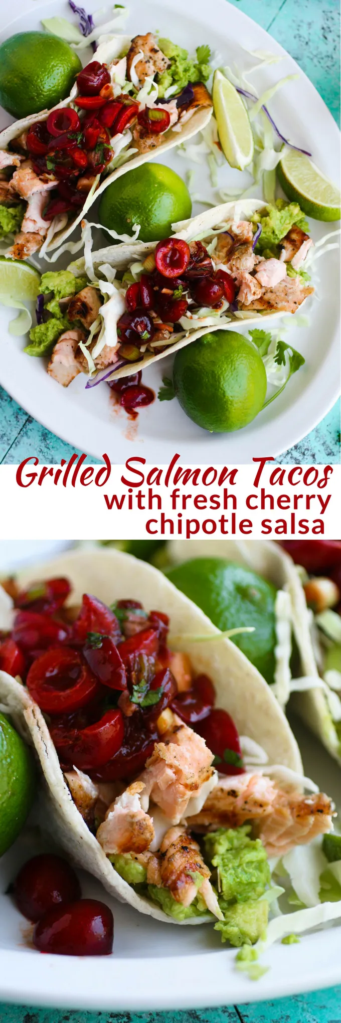 Grilled Salmon Tacos with Fresh Cherry-Chipotle Salsa is a great summer dish. It may become your favorite tacos and salsa to serve! 