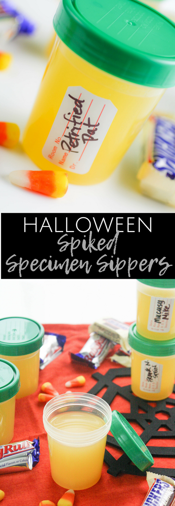 Halloween Spiked Specimen Sippers are hilarious, and fun to serve at your next Halloween party! Halloween Spiked Specimen Sippers make Halloween ghastly and fun!