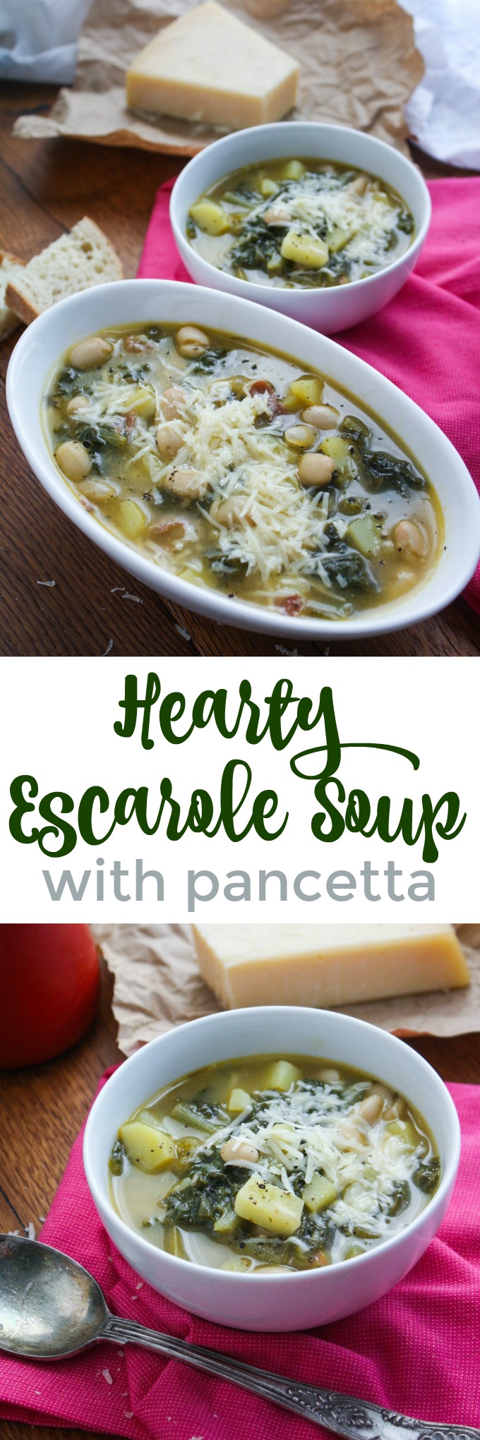 Hearty Escarole Soup with Pancetta is a tasty soup that's perfect for dinner! You'll love this delicious soup, and the fact that it's so easy to make!