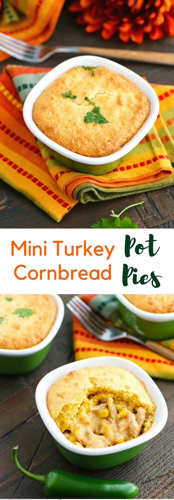 Mini Turkey Cornbread Pot Pies are a fun way to use up your leftover Thanksgiving turkey! You'll love these pot pies!