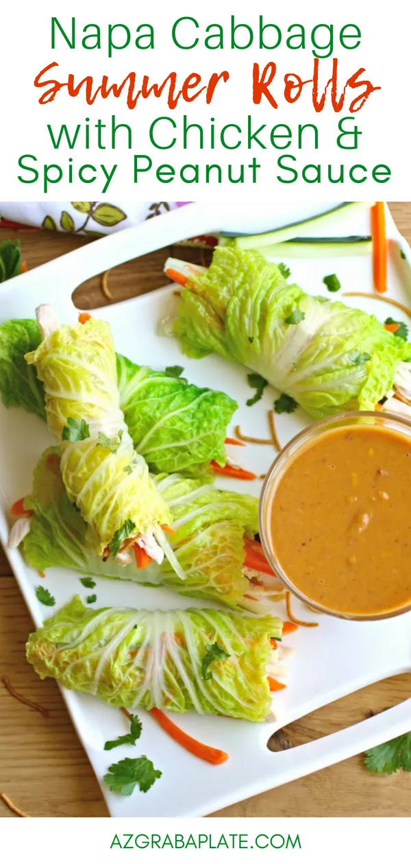 Napa Cabbage Summer Rolls with Chicken and Spicy Peanut Sauce are wonderful as a light, warm-weather meal. Napa Cabbage Summer Rolls with Chicken and Spicy Peanut Sauce are easy to make, and healthy, too!