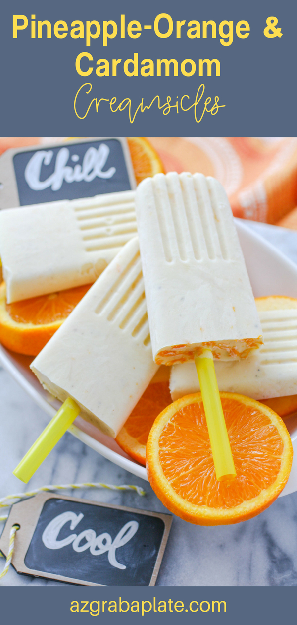 Pineapple-Orange & Cardamom Creamsicles are great treats on a hot day! Pineapple-Orange & Cardamom Creamsicles are a tasty, frosty treat! Pineapple-Orange & Cardamom Creamsicles are fun to serve in the summer!