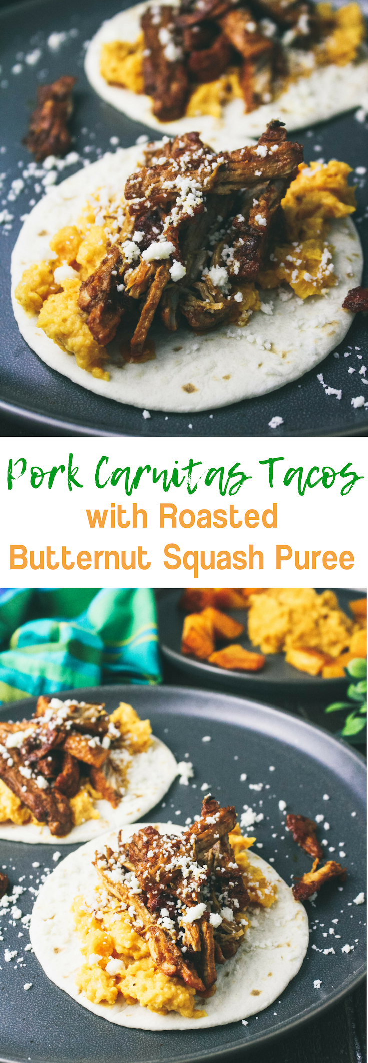 Pork Carnitas Tacos with Butternut Squash Puree is a wonderful dish to serve at mealtime. These Pork Carnitas Tacos with Butternut Squash Puree are so tasty for dinner!