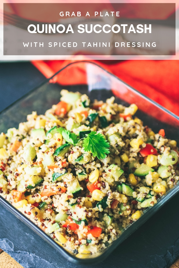 Quinoa Succotash with Spiced Tahini Dressing is a fabulous side dish everyone will love. Quinoa Succotash with Spiced Tahini Dressing is colorful, tasty, vegan, and gluten free, too!