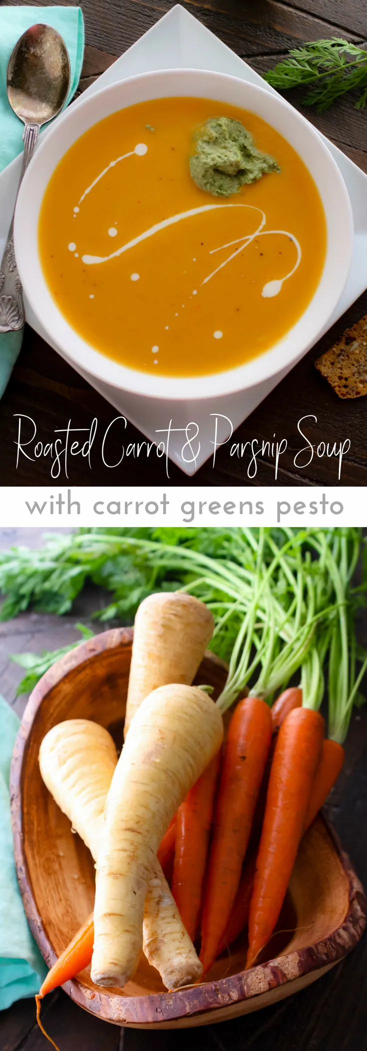 Roasted Carrot and Parsnip Soup with Carrot Greens Pesto is a delightful dish for any night of the week, including Meatless Mondays! Whip up a batch of Roasted Carrot and Parsnip Soup with Carrot Greens Pesto soon!