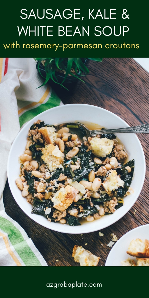 Sausage, Kale, and White Bean Soup with Rosemary-Parmesan Croutons makes a tasty, hearty meal. You'll enjoy Sausage, Kale, and White Bean Soup with Rosemary-Parmesan Croutons anytime!