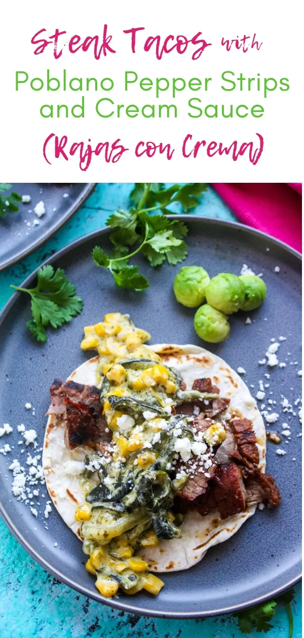 Enjoy Steak Tacos with Poblano Pepper Strips and Cream Sauce (Rajas con Crema) as a Mexican-inspired meal. Taco night would be great with Steak Tacos with Poblano Pepper Strips and Cream Sauce (Rajas con Crema) on the menu!