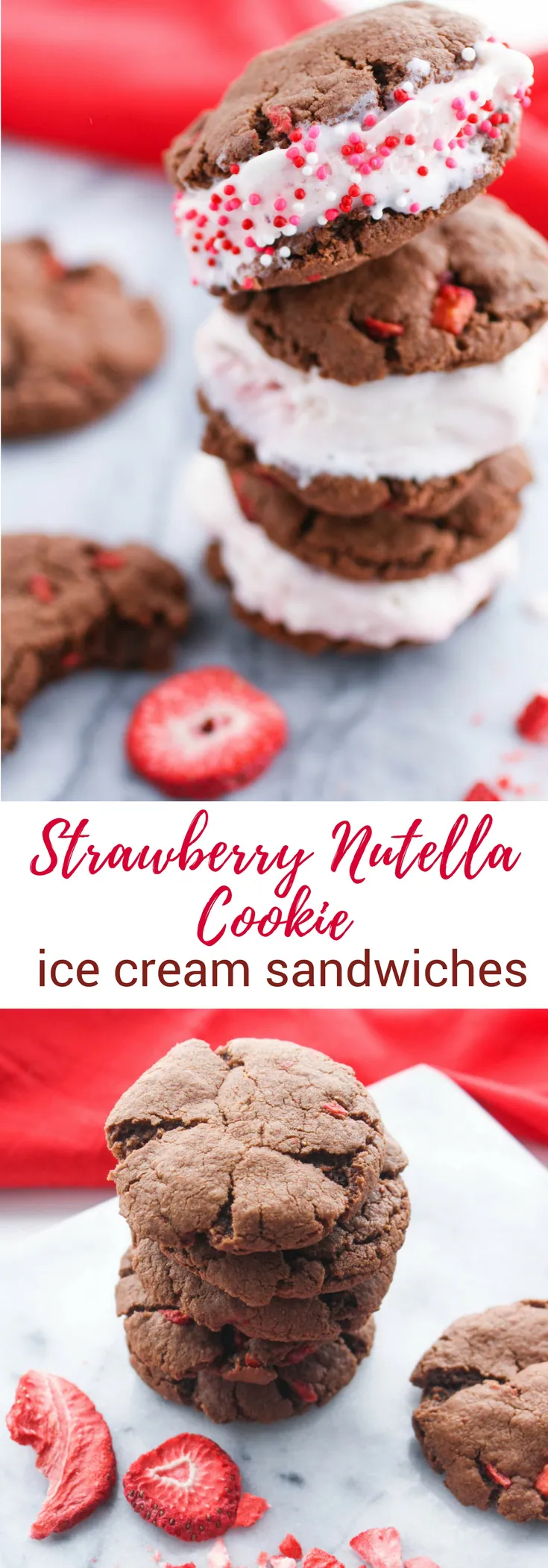 Strawberry-Nutella Cookie Ice Cream Sandwiches are a fun dessert any time of year. You'll love these Strawberry-Nutella Cookie Ice Cream Sandwiches!
