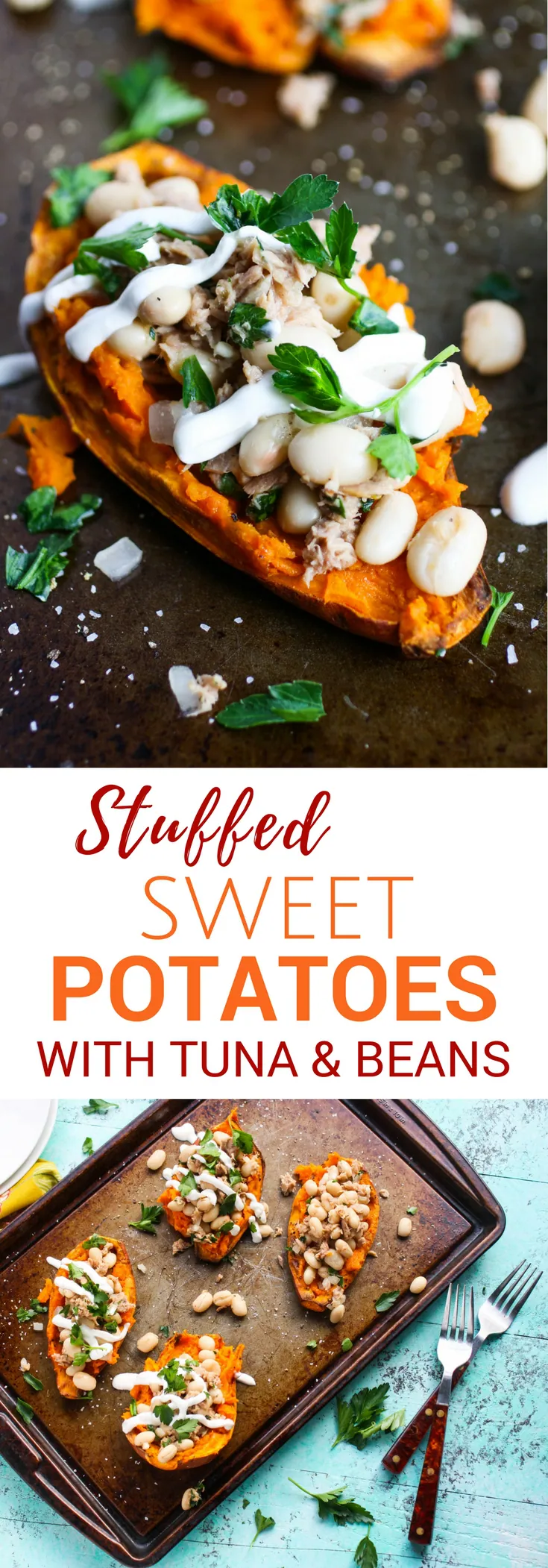 Stuffed Sweet Potatoes with Tuna and Beans are so tasty! You'll devour these stuffed sweet potatoes -- they're easy to make and so tasty, too!