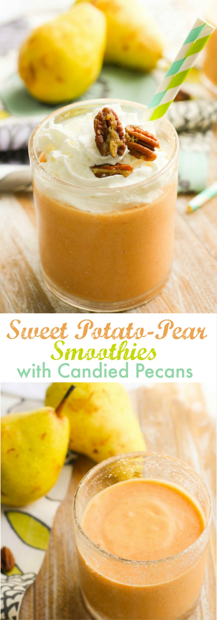 Sweet Potato-Pear Smoothies with Candied Pecans make a wonderful breakfast smoothie, and they're tasty for dessert, too! You'll love these smoothies with their fall-inspired ingredients!