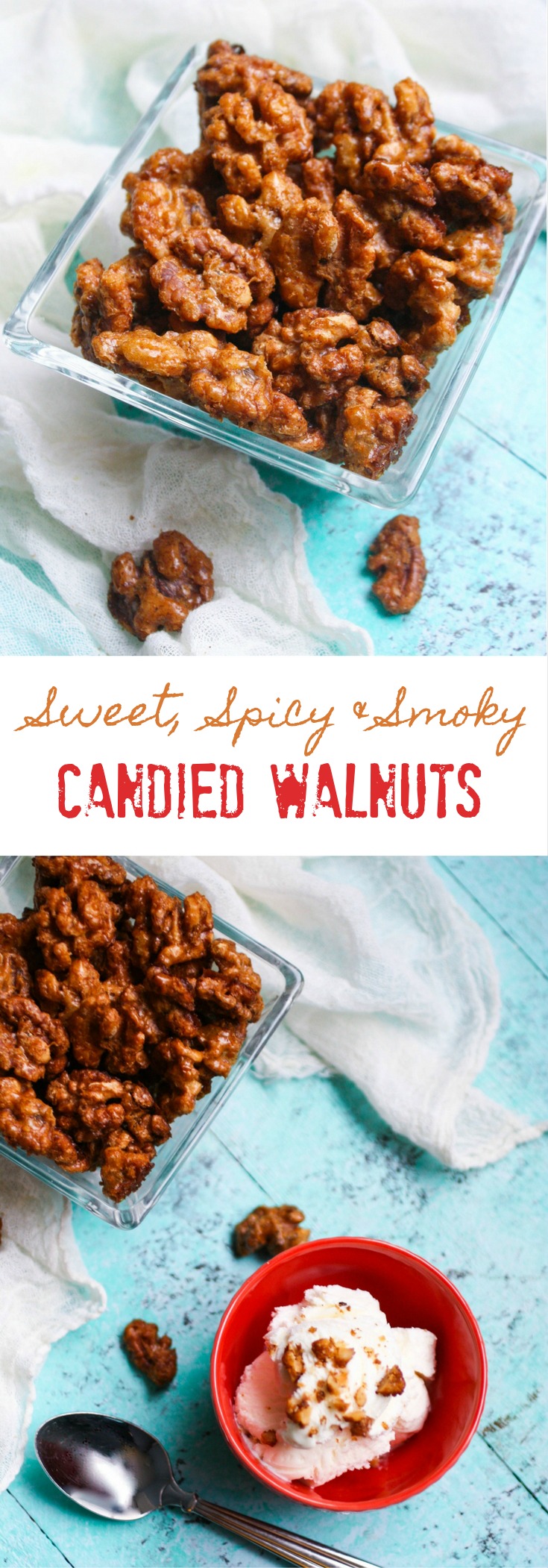 Sweet, Spicy & Smoky Candied Walnuts make a wonderful snack, and a great homemade gift to give, too. Candied walnuts are perfect over ice cream or tossed in a salad. 
