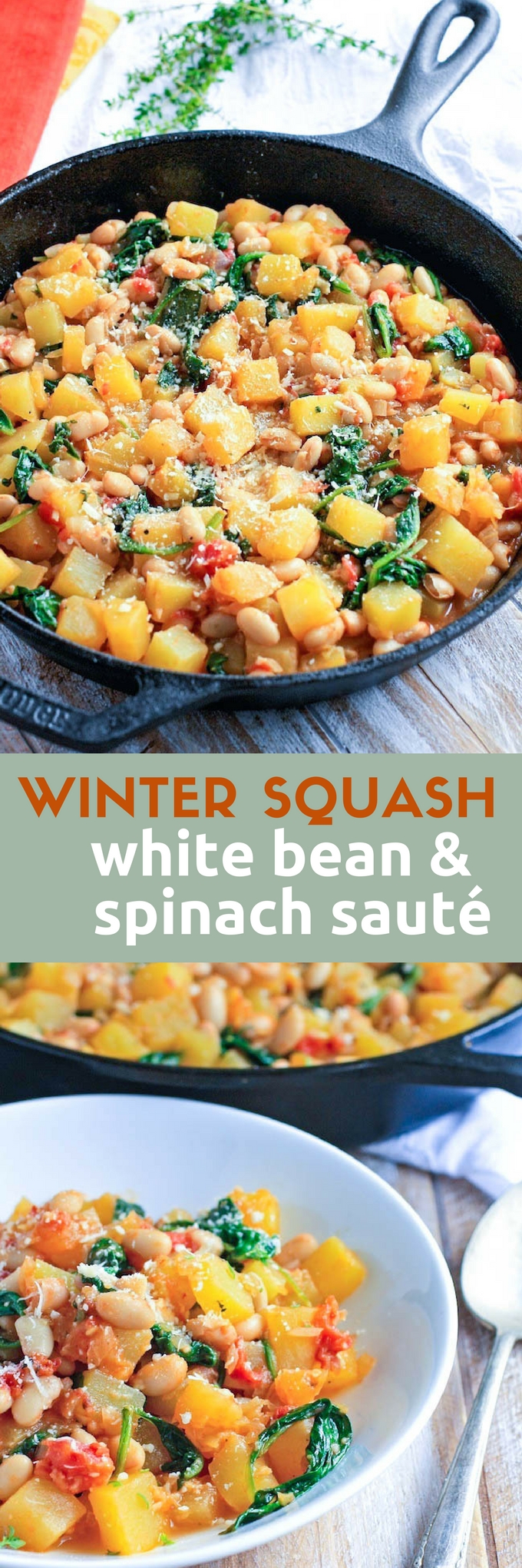 Winter Squash, White Bean & Spinach Sauté is a tasty meal perfect on a cold night. This winter squash dish is ideal for a Meatless Monday meal.