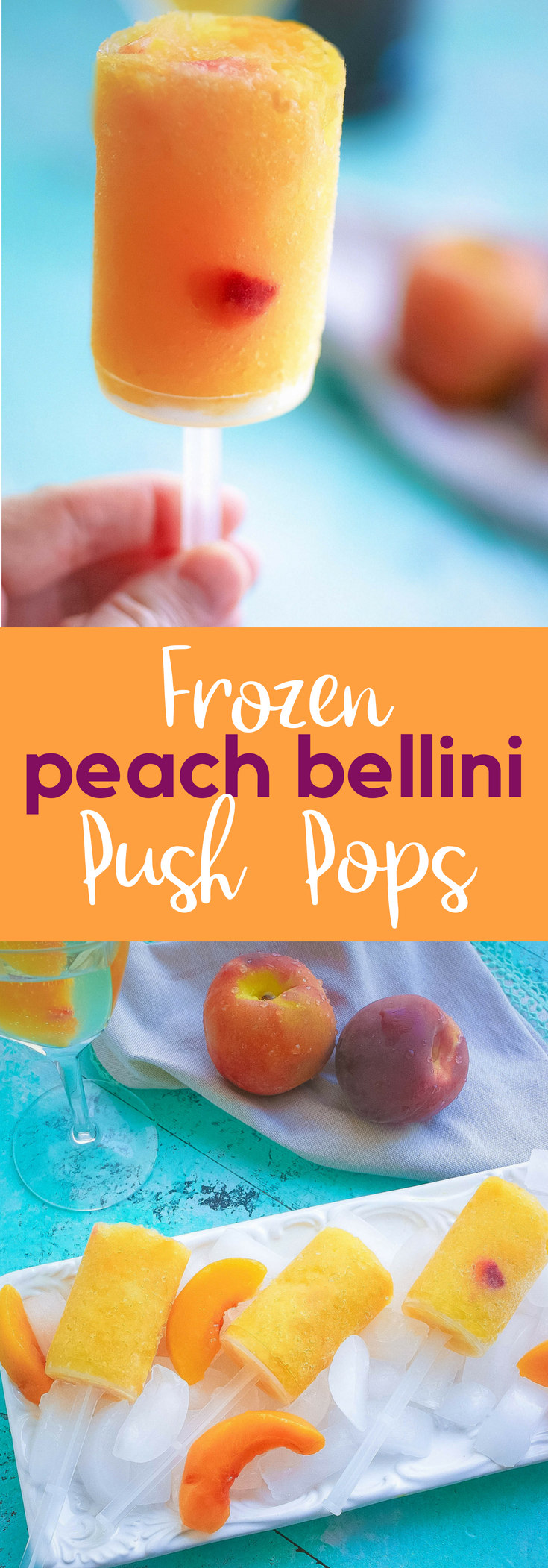 Frozen Peach Bellini Push Pops will be an adult favorite treat this summer! Frozen Peach Bellini Push Pops are frozen, fruity and fun for an adult summer treat!