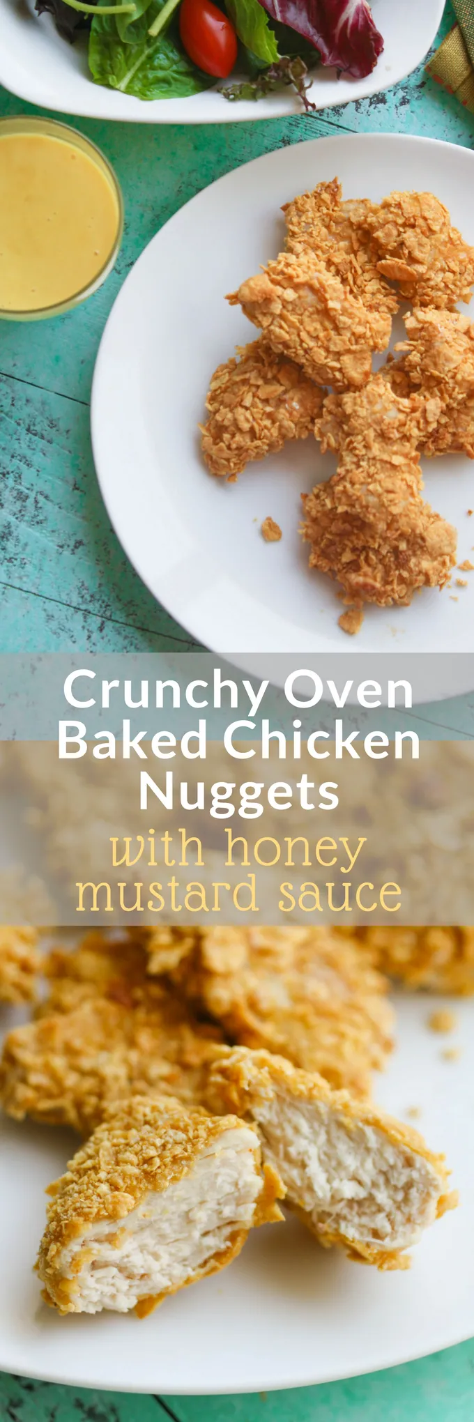 Crunchy Oven Baked Chicken Nuggets with Honey Mustard Sauce are easy to make for lunch or dinner. No fast food lane needed!