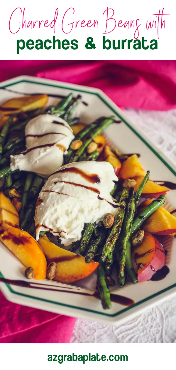 Charred Green Beans with Burrata and Peaches is a delightful summer salad. Charred Green Beans with Burrata and Peaches is a fun and easy to make salad to serve this summer.