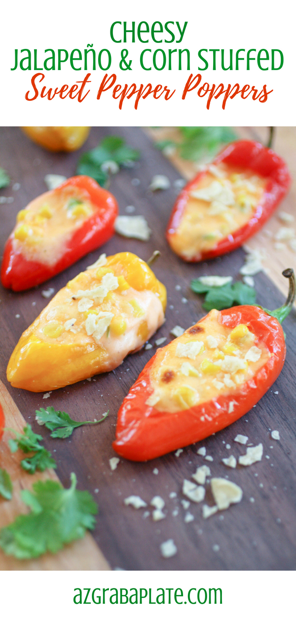 Cheesy Jalapeño & Corn Stuffed Sweet Pepper Poppers are super-fun for your next party! Cheesy Jalapeño & Corn Stuffed Sweet Pepper Poppers make a fun and festive appetizer!