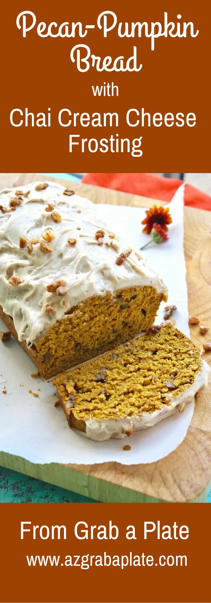 Pecan-Pumpkin Bread with Chai Cream Cheese Frosting is a delicious treat, perfect for the season!