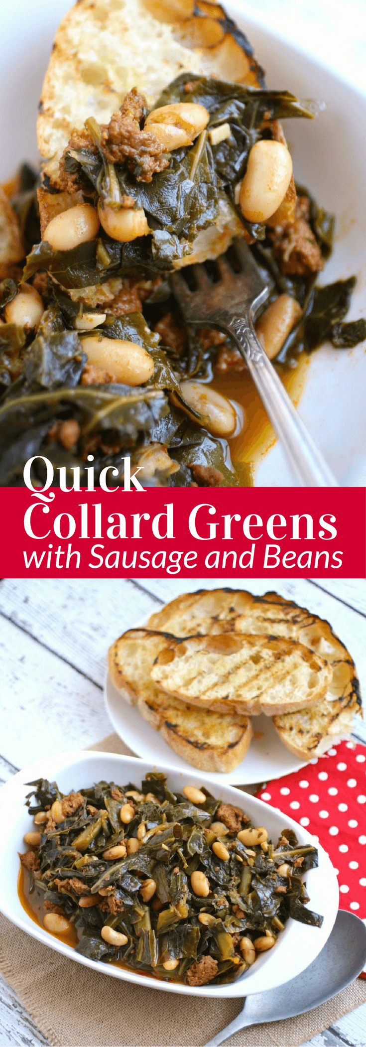 Enjoy Quick Collard Greens with Sausage and Beans as a traditional side dish on New Year's Day!
