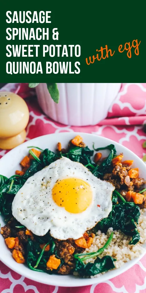 Sausage, Sweet Potato & Spinach Quinoa Bowls with Egg make a great breakfast dish! You can serve Sausage, Sweet Potato & Spinach Quinoa Bowls with Egg for any meal, but especially breakfast!