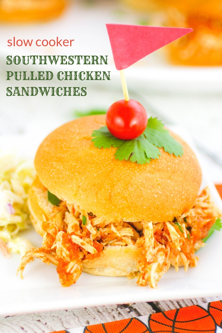 Slow Cooker Southwestern Pulled Chicken Sandwiches are ideal for a party or get together! Slow Cooker Southwestern Pulled Chicken Sandwiches are so tasty and easy to make, too!