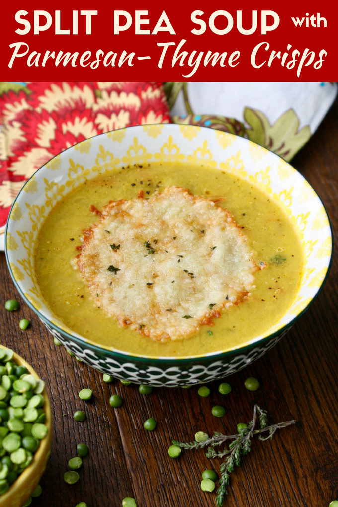Split Pea Soup with Parmesan-Thyme Crisps makes a fab part of any meal! This soup is vegetarian and gluten free, too!