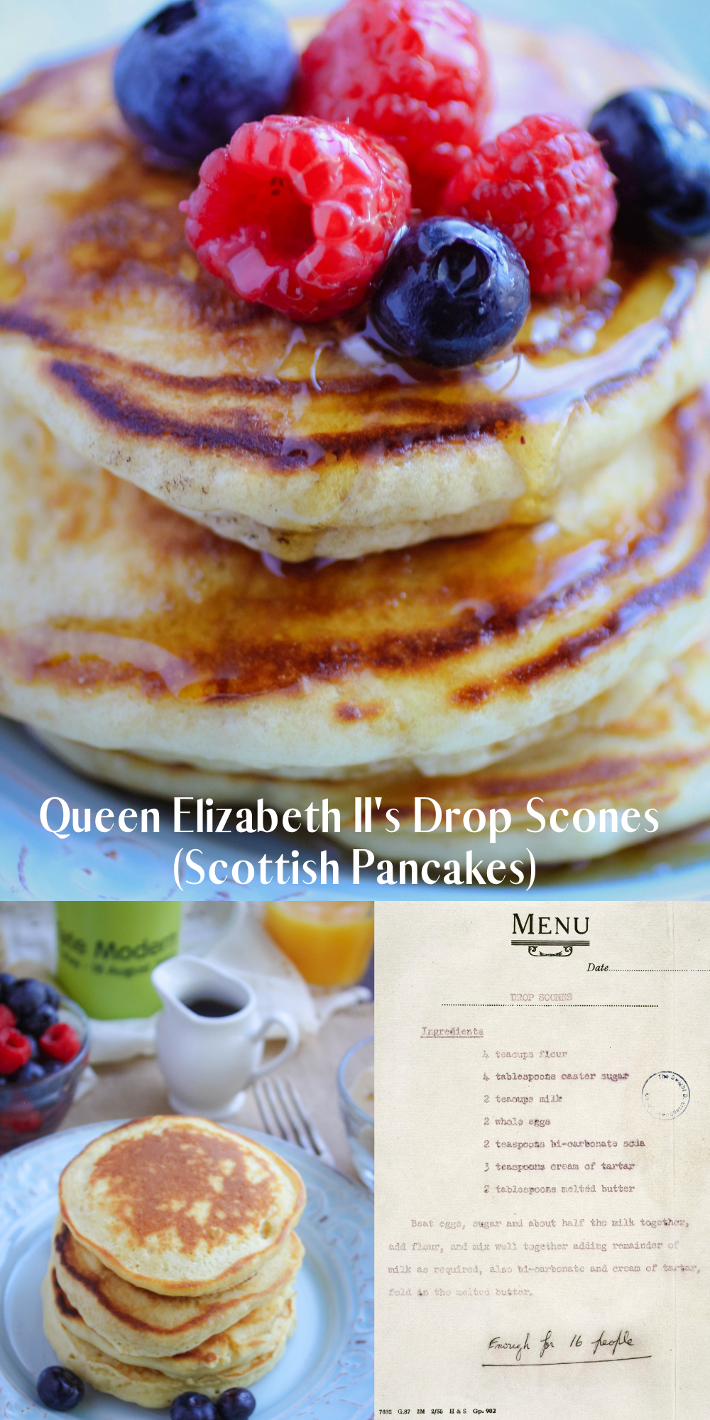 Queen Elizabeth II’s Drop Scones (Scottish Pancakes) served on the breakfast table with fruit and coffee and juice.