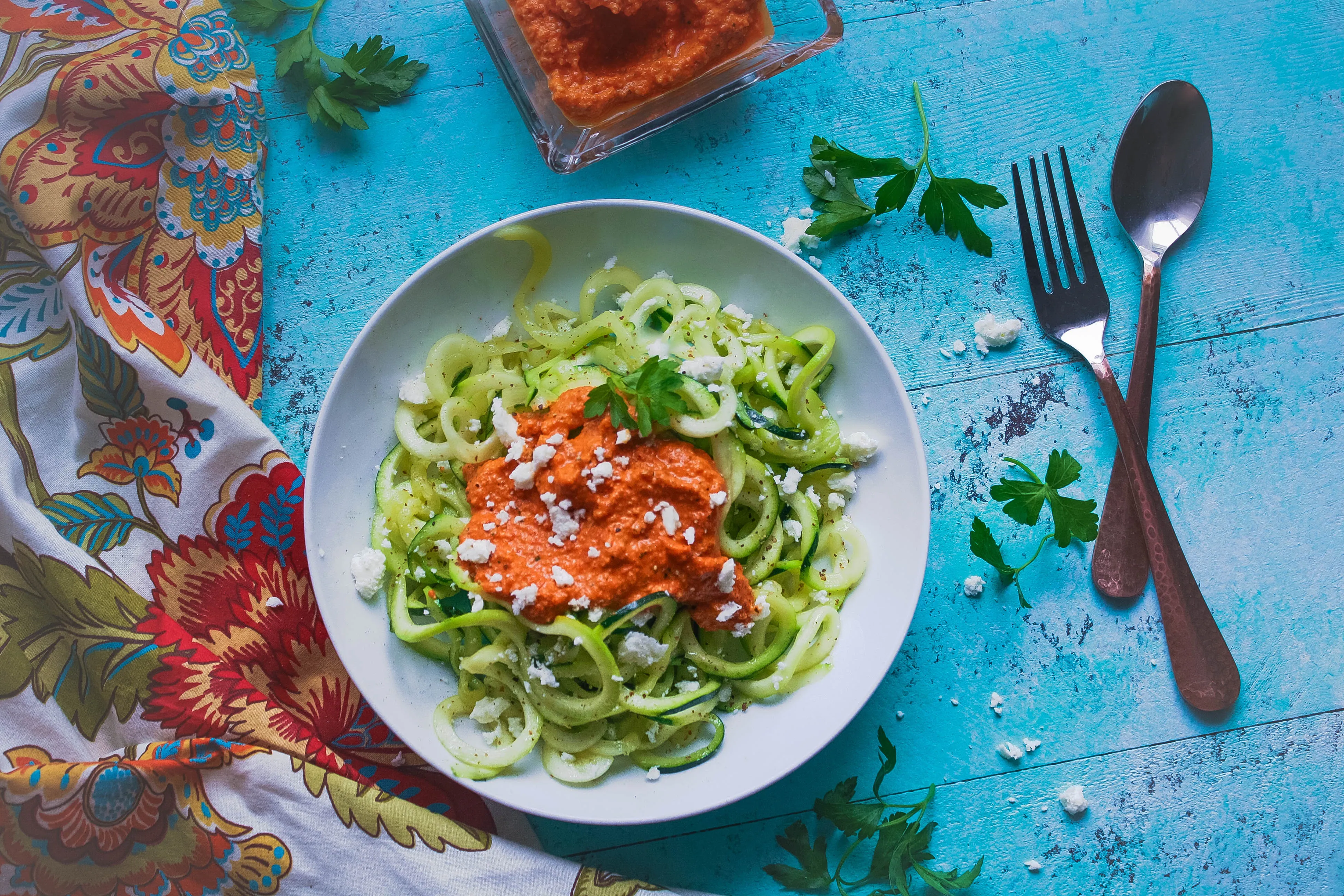 Low carb zoodles with Romesco sauce is a healthy meal you should make soon. Low carb zoodles with Romesco sauce is a delight, and it's so easy to make, too.