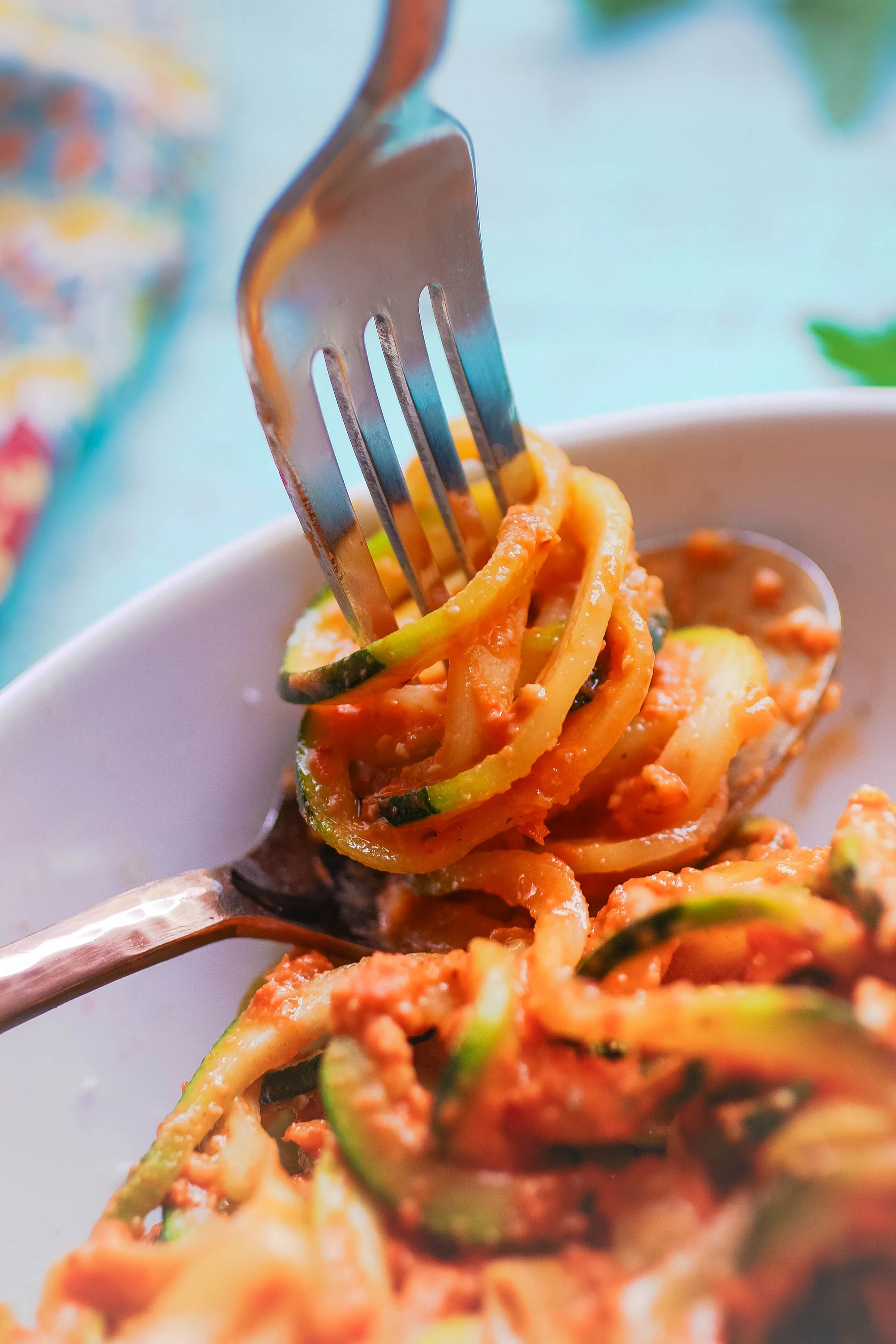 Low carb zoodles with Romesco sauce is easy to twirl up and enjoy. Low carb zoodles with Romesco sauce is a healthy dish you'll love.