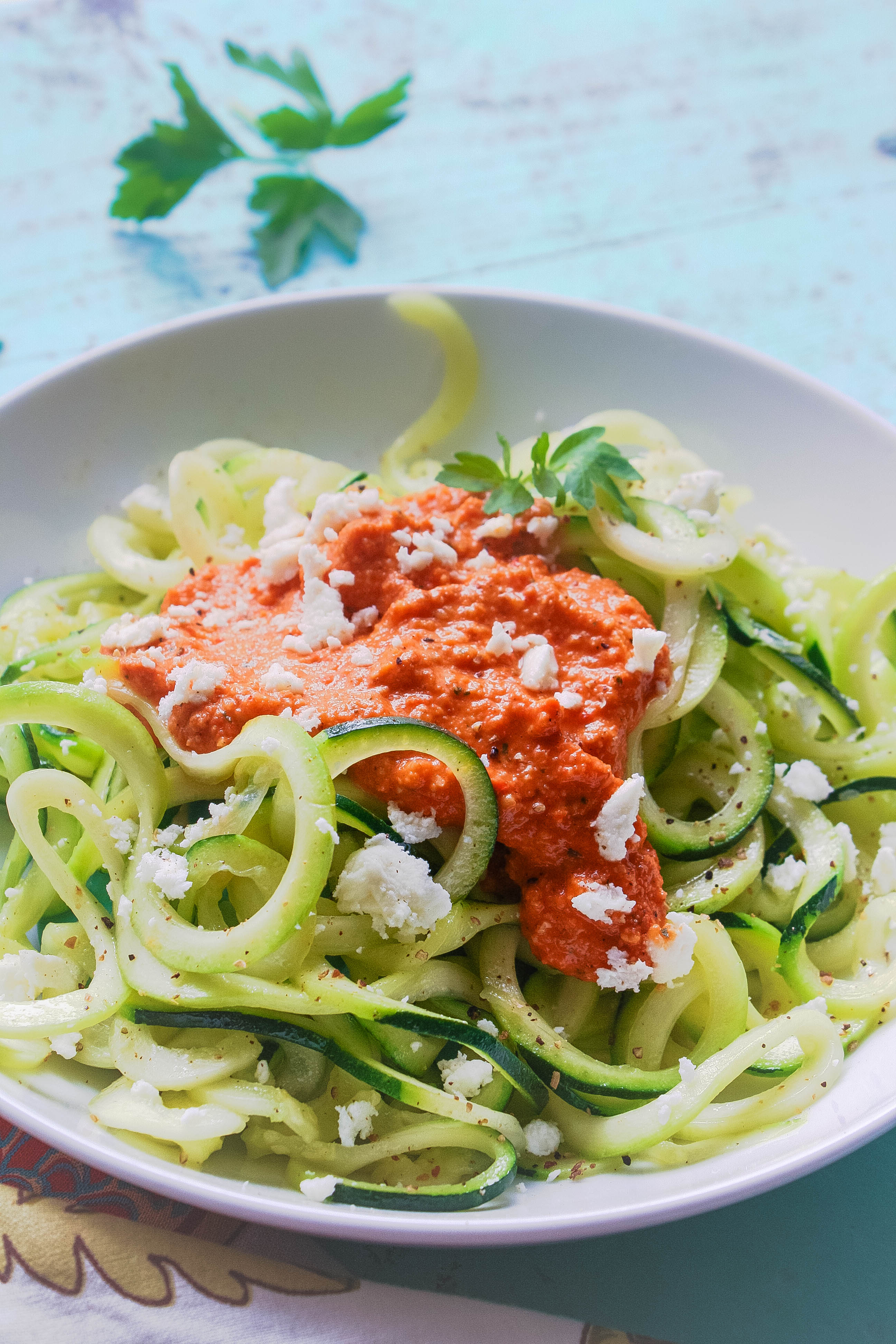 Low carb zoodles with Romesco sauce is a fresh and delicious dish. Low carb zoodles with Romesco sauce should be on your menu as soon as possible.