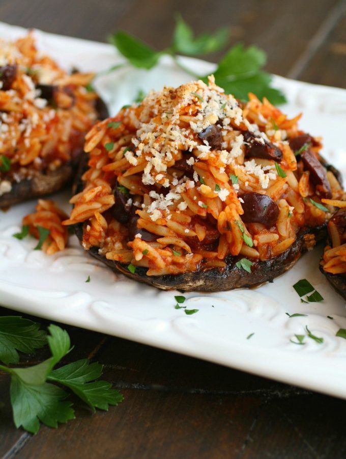 This meatless dish -- Orzo & Olive Stuffed Portobello Mushrooms -- is hearty and flavorful!